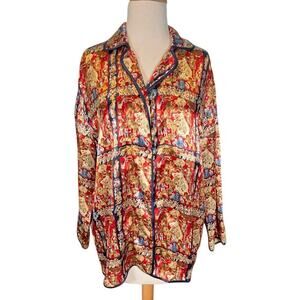Vintage Victorias Secret Satin Circus Print Pajama Top Red Gold Blue Size Small